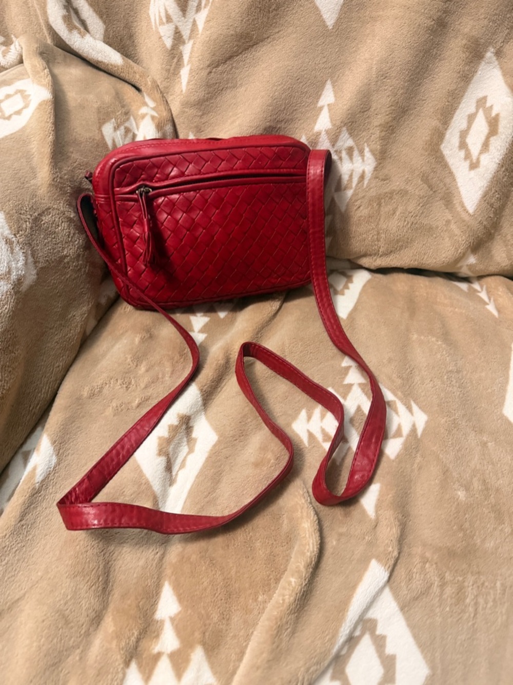 Vintage Bottega Veneta Intrecciato red leather crossbody bag